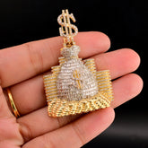 35MM 10k Yellow Gold 4.5CTW Natural Round/Baguette Diamond 20g Money Bag Charm